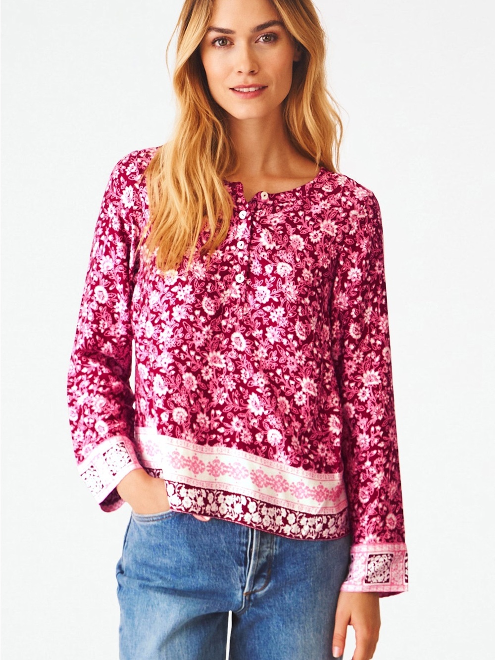 Roller Rabbit Pink Floral Button-Front Tunic